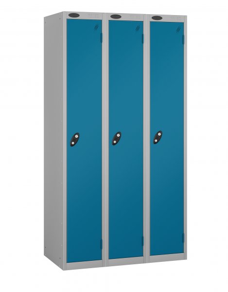 Nest of 3 Metal Storage Lockers | Single Door | 1780 x 305 x 380mm | Silver Carcass | Blue Door | Cam Lock | Probe