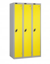 Nest of 3 Metal Storage Lockers | Single Door | 1780 x 305 x 380mm | Silver Carcass | Lemon Door | Cam Lock | Probe