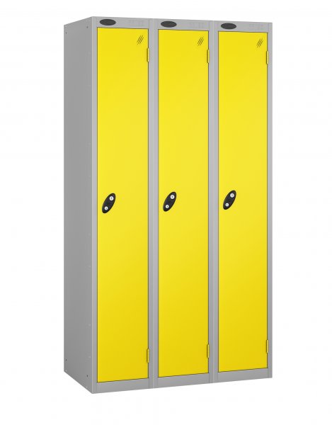 Nest of 3 Metal Storage Lockers | Single Door | 1780 x 305 x 380mm | Silver Carcass | Lemon Door | Cam Lock | Probe