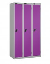 Nest of 3 Metal Storage Lockers | Single Door | 1780 x 305 x 380mm | Silver Carcass | Lilac Door | Cam Lock | Probe