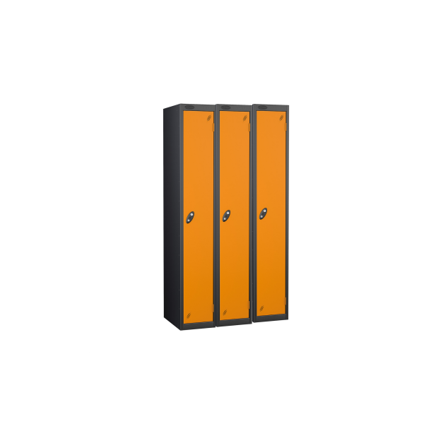 Nest of 3 Metal Storage Lockers | Single Door | 1780 x 305 x 460mm | Black Carcass | Orange Door | Cam Lock | Probe