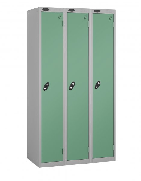 Nest of 3 Metal Storage Lockers | Single Door | 1780 x 305 x 460mm | Silver Carcass | Jade Door | Cam Lock | Probe