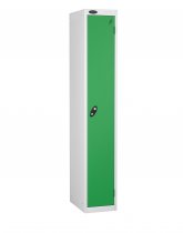 Single Metal Storage Locker | Single Door | 1780 x 460 x 460mm | White Carcass | Green Door | Hasp & Staple Lock | Probe