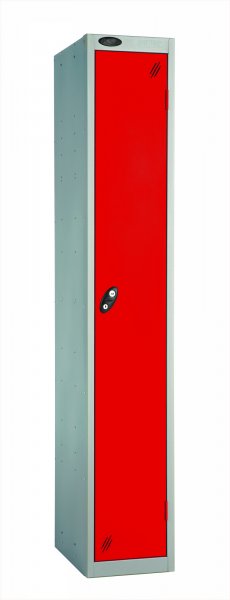 Single Metal Storage Locker | Single Door | 1780 x 460 x 460mm | Silver Carcass | Red Door | Hasp & Staple Lock | Probe