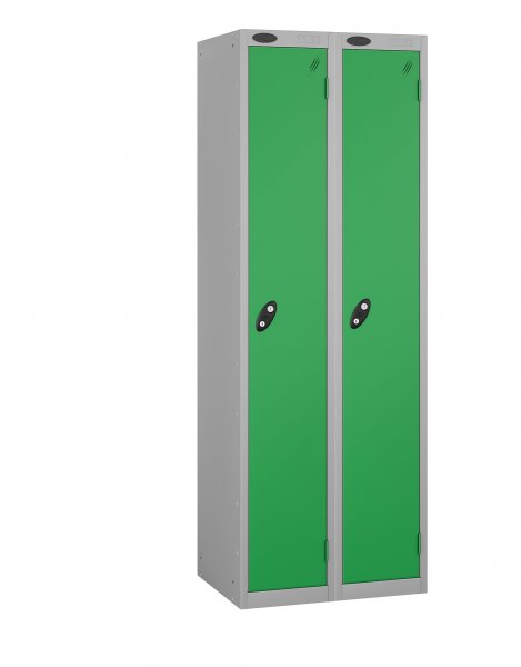 Nest of 2 Metal Storage Lockers | Single Door | 1780 x 460 x 460mm | Silver Carcass | Green Door | Hasp & Staple Lock | Probe