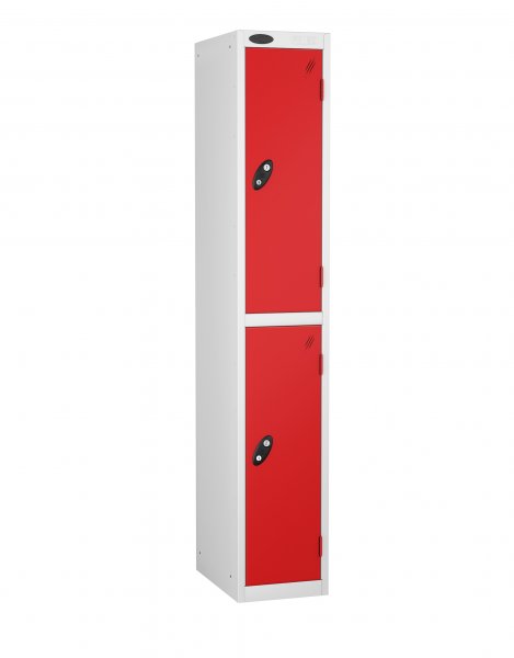 Single Metal Storage Locker | 2 Doors | 1780 x 305 x 305mm | White Carcass | Red Door | Cam Lock | Probe