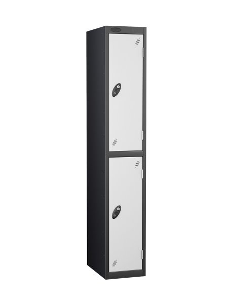 Single Metal Storage Locker | 2 Doors | 1780 x 305 x 305mm | Black Carcass | White Door | Cam Lock | Probe