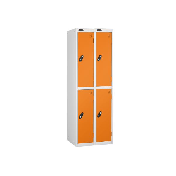 Nest of 2 Metal Storage Lockers | 2 Doors | 1780 x 305 x 305mm | White Carcass | Orange Door | Cam Lock | Probe