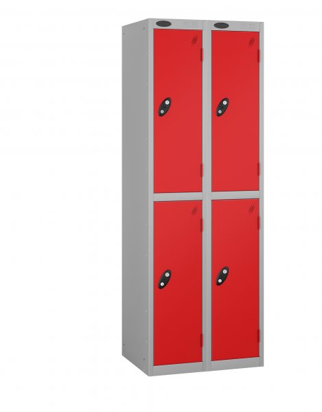 Nest of 2 Metal Storage Lockers | 2 Doors | 1780 x 305 x 305mm | Silver Carcass | Red Door | Cam Lock | Probe