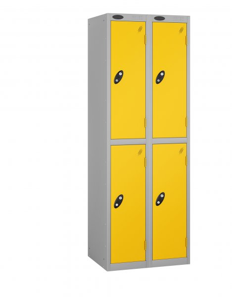 Nest of 2 Metal Storage Lockers | 2 Doors | 1780 x 305 x 305mm | Silver Carcass | Yellow Door | Cam Lock | Probe