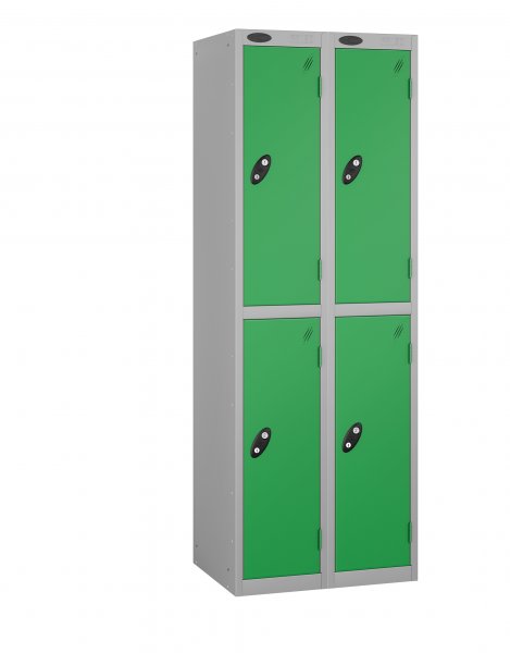 Nest of 2 Metal Storage Lockers | 2 Doors | 1780 x 305 x 305mm | Silver Carcass | Green Door | Cam Lock | Probe