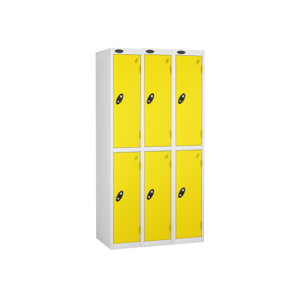 Nest of 3 Metal Storage Lockers | 2 Doors | 1780 x 305 x 305mm | White Carcass | Yellow Door | Cam Lock | Probe