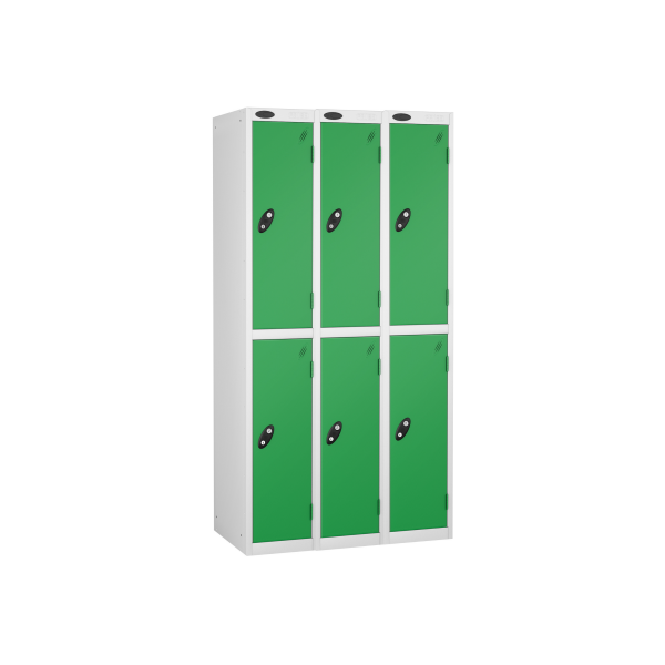 Nest of 3 Metal Storage Lockers | 2 Doors | 1780 x 305 x 305mm | White Carcass | Green Door | Cam Lock | Probe