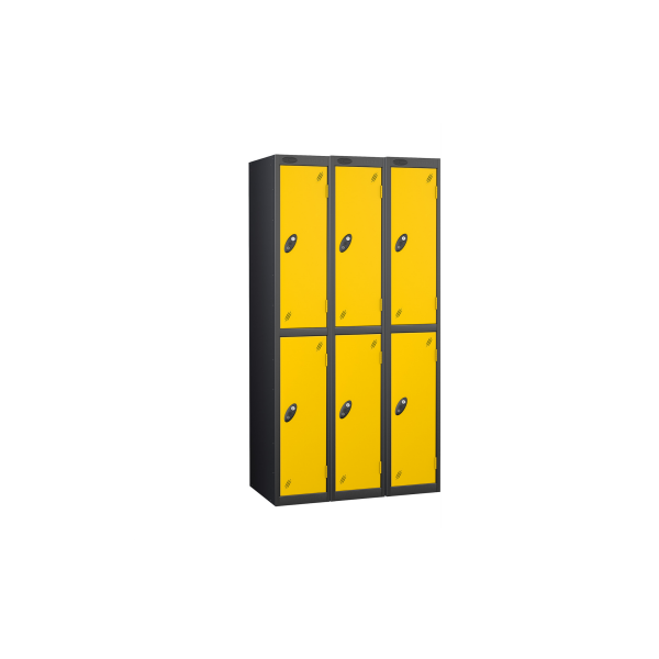 Nest of 3 Metal Storage Lockers | 2 Doors | 1780 x 305 x 305mm | Black Carcass | Yellow Door | Cam Lock | Probe