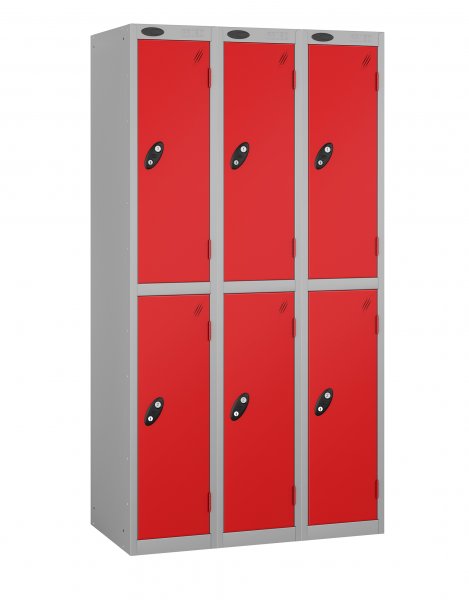 Nest of 3 Metal Storage Lockers | 2 Doors | 1780 x 305 x 305mm | Silver Carcass | Red Door | Cam Lock | Probe