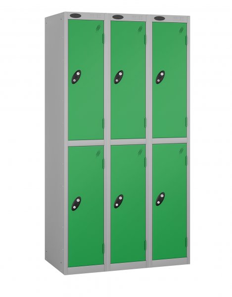 Nest of 3 Metal Storage Lockers | 2 Doors | 1780 x 305 x 305mm | Silver Carcass | Green Door | Cam Lock | Probe