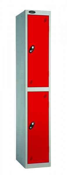 Single Metal Storage Locker | 2 Doors | 1780 x 305 x 380mm | Silver Carcass | Red Door | Cam Lock | Probe