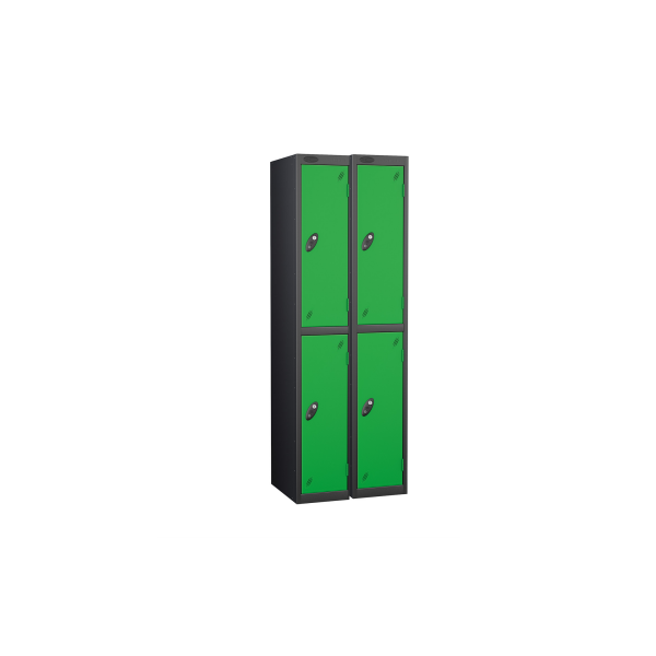 Nest of 2 Metal Storage Lockers | 2 Doors | 1780 x 305 x 380mm | Black Carcass | Green Door | Cam Lock | Probe