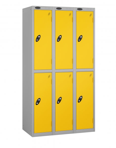 Nest of 3 Metal Storage Lockers | 2 Doors | 1780 x 305 x 460mm | Silver Carcass | Yellow Door | Cam Lock | Probe