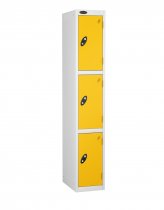 Single Metal Storage Locker | 3 Doors | 1780 x 305 x 305mm | White Carcass | Yellow Door | Cam Lock | Probe