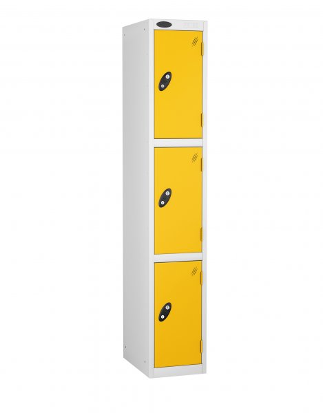 Single Metal Storage Locker | 3 Doors | 1780 x 305 x 305mm | White Carcass | Yellow Door | Cam Lock | Probe