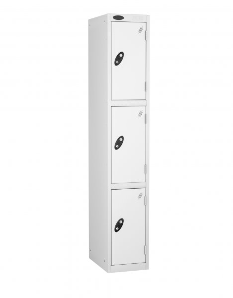 Single Metal Storage Locker | 3 Doors | 1780 x 305 x 305mm | White Carcass | White Door | Cam Lock | Probe