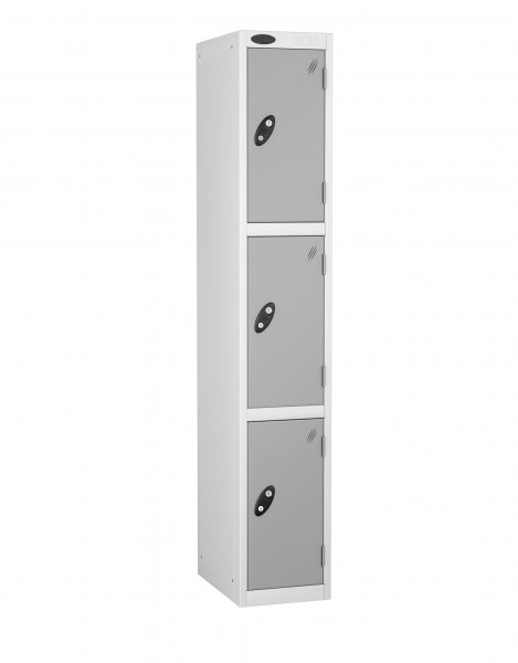 Single Metal Storage Locker | 3 Doors | 1780 x 305 x 305mm | White Carcass | Silver Door | Cam Lock | Probe