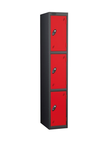 Single Metal Storage Locker | 3 Doors | 1780 x 305 x 305mm | Black Carcass | Red Door | Cam Lock | Probe