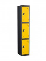 Single Metal Storage Locker | 3 Doors | 1780 x 305 x 305mm | Black Carcass | Yellow Door | Cam Lock | Probe