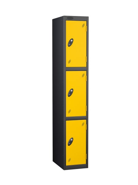 Single Metal Storage Locker | 3 Doors | 1780 x 305 x 305mm | Black Carcass | Yellow Door | Cam Lock | Probe