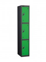 Single Metal Storage Locker | 3 Doors | 1780 x 305 x 305mm | Black Carcass | Green Door | Cam Lock | Probe