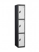 Single Metal Storage Locker | 3 Doors | 1780 x 305 x 305mm | Black Carcass | White Door | Cam Lock | Probe