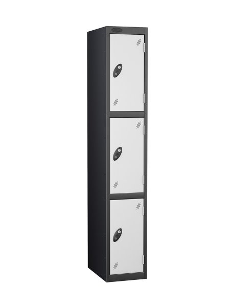 Single Metal Storage Locker | 3 Doors | 1780 x 305 x 305mm | Black Carcass | White Door | Cam Lock | Probe