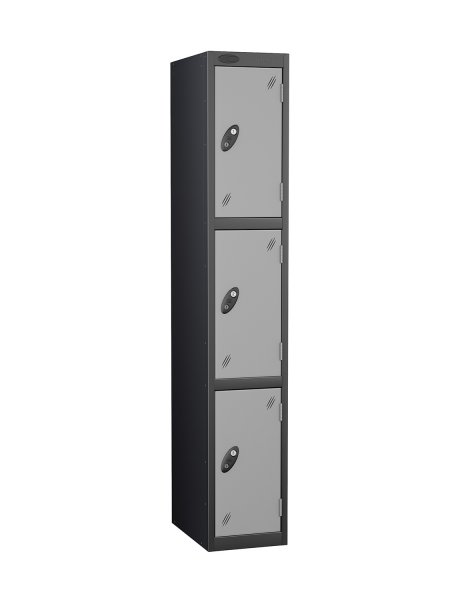 Single Metal Storage Locker | 3 Doors | 1780 x 305 x 305mm | Black Carcass | Silver Door | Cam Lock | Probe