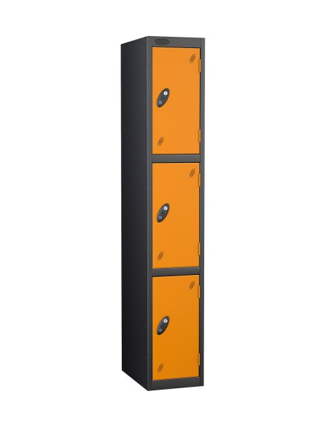 Single Metal Storage Locker | 3 Doors | 1780 x 305 x 305mm | Black Carcass | Orange Door | Cam Lock | Probe