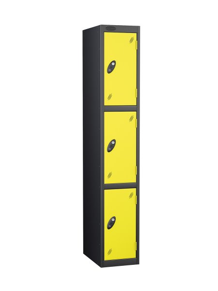 Single Metal Storage Locker | 3 Doors | 1780 x 305 x 305mm | Black Carcass | Lemon Door | Cam Lock | Probe