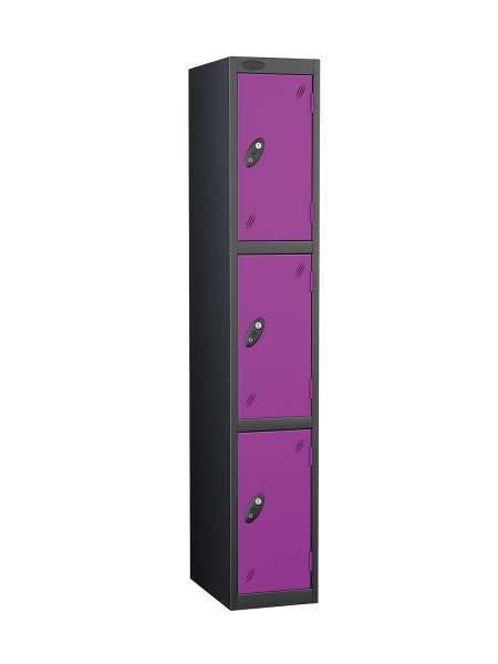 Single Metal Storage Locker | 3 Doors | 1780 x 305 x 305mm | Black Carcass | Lilac Door | Cam Lock | Probe