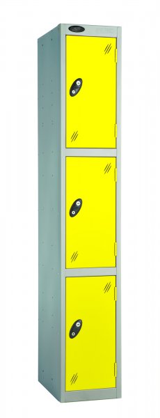 Single Metal Storage Locker | 3 Doors | 1780 x 305 x 305mm | Silver Carcass | Lemon Door | Cam Lock | Probe