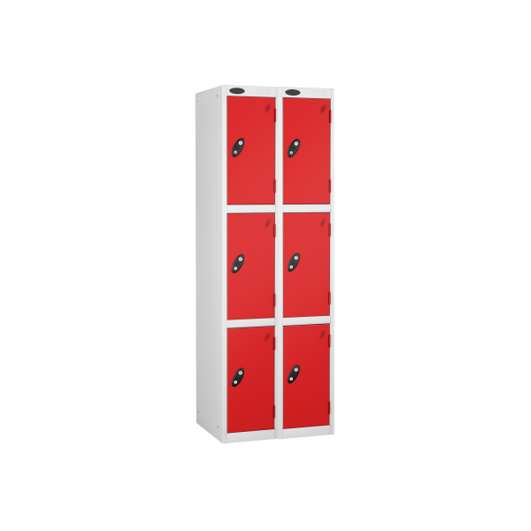 Nest of 2 Metal Storage Lockers | 3 Doors | 1780 x 305 x 305mm | White Carcass | Red Door | Cam Lock | Probe