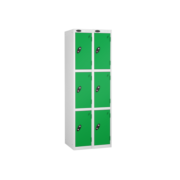 Nest of 2 Metal Storage Lockers | 3 Doors | 1780 x 305 x 305mm | White Carcass | Green Door | Cam Lock | Probe