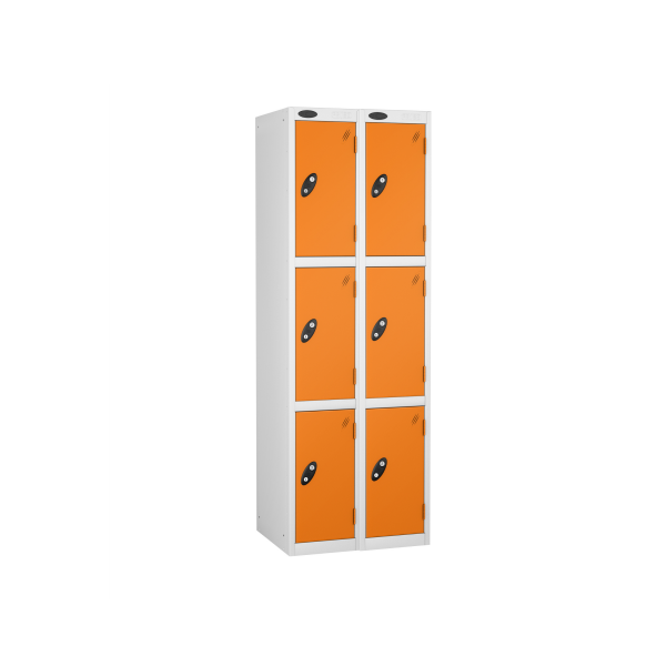 Nest of 2 Metal Storage Lockers | 3 Doors | 1780 x 305 x 305mm | White Carcass | Orange Door | Cam Lock | Probe