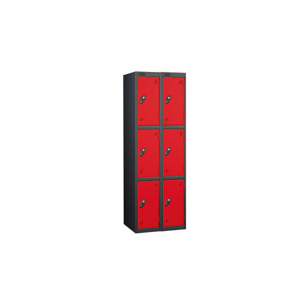 Nest of 2 Metal Storage Lockers | 3 Doors | 1780 x 305 x 305mm | Black Carcass | Red Door | Cam Lock | Probe