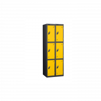 Nest of 2 Metal Storage Lockers | 3 Doors | 1780 x 305 x 305mm | Black Carcass | Yellow Door | Cam Lock | Probe