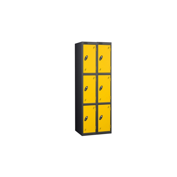 Nest of 2 Metal Storage Lockers | 3 Doors | 1780 x 305 x 305mm | Black Carcass | Yellow Door | Cam Lock | Probe