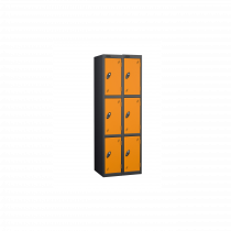 Nest of 2 Metal Storage Lockers | 3 Doors | 1780 x 305 x 305mm | Black Carcass | Orange Door | Cam Lock | Probe