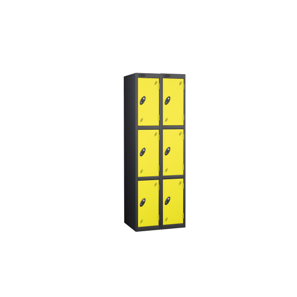 Nest of 2 Metal Storage Lockers | 3 Doors | 1780 x 305 x 305mm | Black Carcass | Lemon Door | Cam Lock | Probe