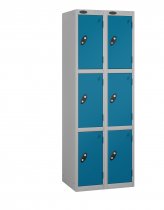 Nest of 2 Metal Storage Lockers | 3 Doors | 1780 x 305 x 305mm | Silver Carcass | Blue Door | Cam Lock | Probe