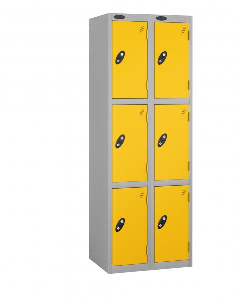 Nest of 2 Metal Storage Lockers | 3 Doors | 1780 x 305 x 305mm | Silver Carcass | Yellow Door | Cam Lock | Probe