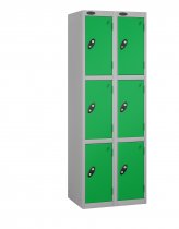 Nest of 2 Metal Storage Lockers | 3 Doors | 1780 x 305 x 305mm | Silver Carcass | Green Door | Cam Lock | Probe