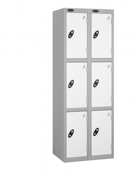 Nest of 2 Metal Storage Lockers | 3 Doors | 1780 x 305 x 305mm | Silver Carcass | White Door | Cam Lock | Probe